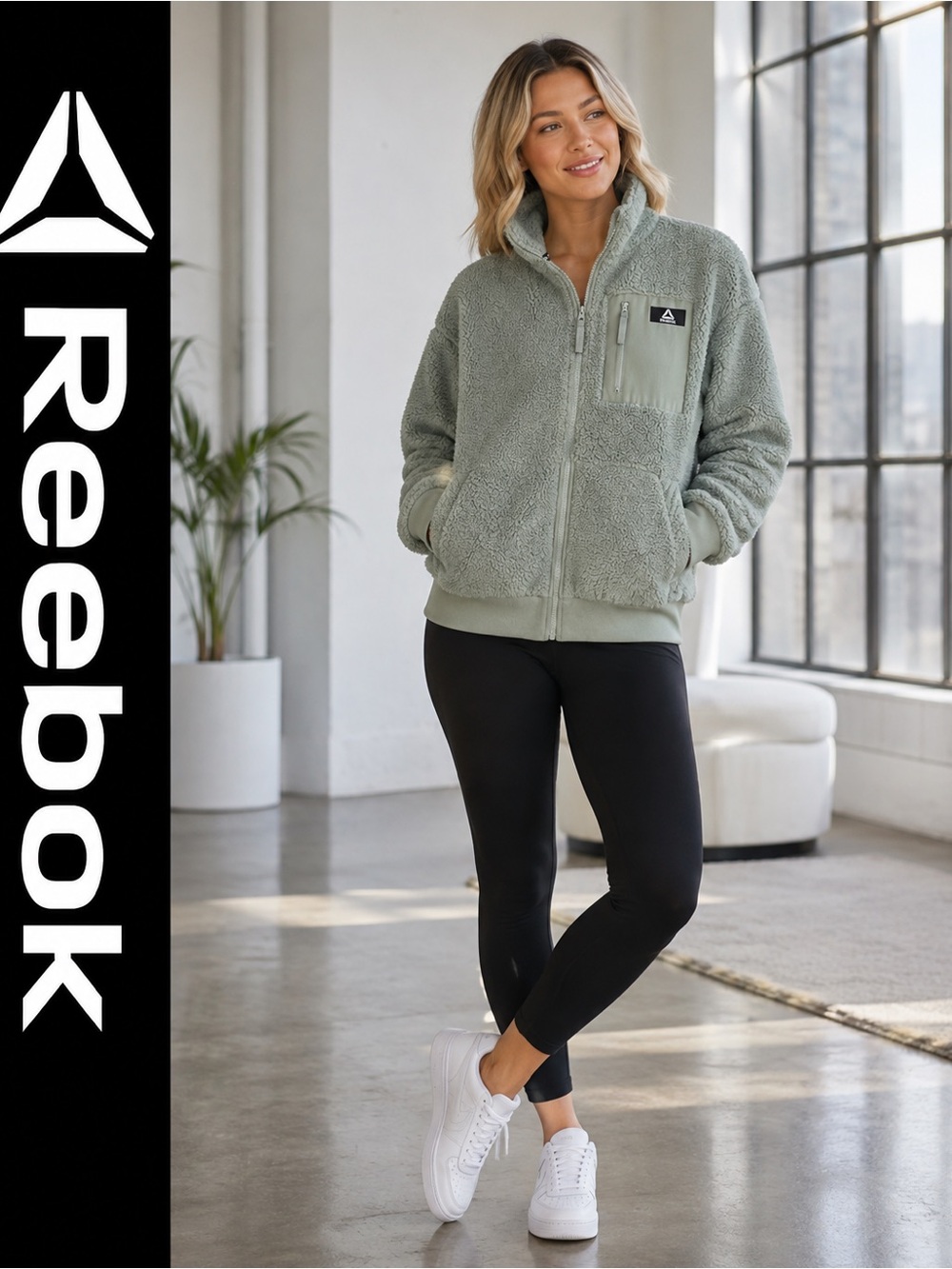 Reebok Sage Green Sherpa Full-Zip Jacket